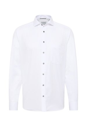 Weißes Langarmhemd aus glattem Stoff mit button-down Kragen, einer Brusttasche und schwarzen Knöpfen auf der Vorderseite.