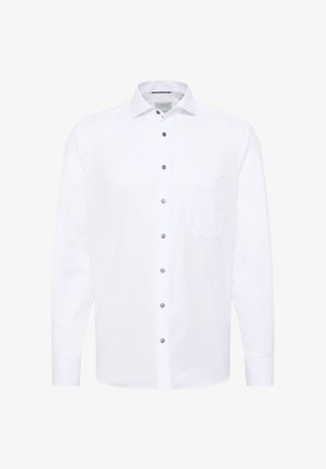 White long-sleeve shirt made of smooth fabric featuring a button-down collar, a chest pocket, and black buttons along the front.