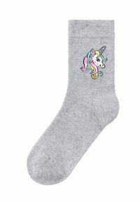 Calcetín de algodón gris con un diseño colorido de unicornio en el lado exterior, con detalles en rosa, azul y amarillo. Textura suave.
