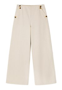 Pantalons beige à jambes larges en coton avec deux accents de boutons dorés à la taille. Comprend des poches avant diagonales et une texture lisse.