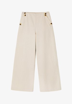 Beige weit geschnittene Baumwollhosen mit zwei goldenen Knopfdetails am Bund. Verfügt über diagonale Fronttaschen und eine glatte Textur.