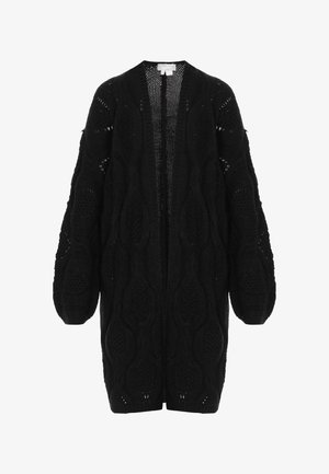 Czarny, dziany kardigan z otwartym przodem, z teksturowanymi wzorami, długimi rękawami i luźnym krojem, wykonany z miękkiego, oddychającego materiału.