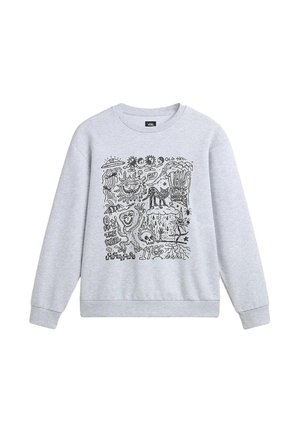 Sudadera gris con mangas largas y cuello redondo, que presenta un estampado gráfico negro con varios garabatos y patrones de texto.