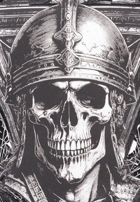 Cráneo que lleva un casco detallado con un emblema de cruz, Presentando texturas y sombreados intrincados sobre un fondo oscuro.