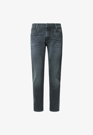 Graue Denim-Jeans mit geradem Bein, fünf Taschen und sichtbaren Nähdetails. Der Stoff hat eine glatte Textur.