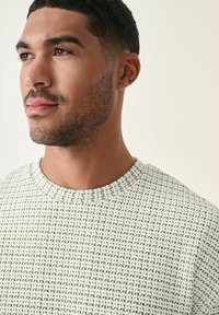 Textured knit sweater in light green with a grid pattern, featuring a round neck and short sleeves, highlighting intricate detailing and soft fabric.