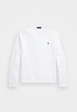 Sweatshirt branco de mangas longas com decote redondo, com um pequeno logótipo azul-marinho no peito e uma bainha reta. Feito de tecido suave.