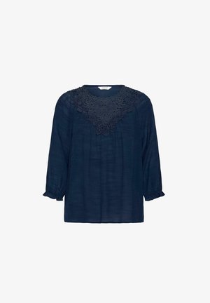 Navy blue blouse with three-quarter sleeves, embellished lace neckline, and textured fabric. Features gathered cuffs and a loose fit.