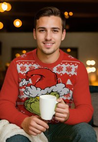 Maglione rosso con motivi natalizi, con design del Grinch. Tessuto liscio, scollatura rotonda. Il modello tiene una tazza bianca, seduto su una coperta.