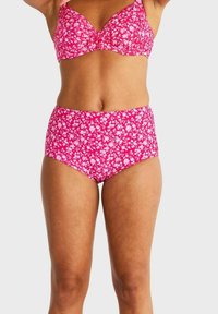Rosa blommig bikinitroset som har en v-ringad bralette med knutdetalj och höga underdelar, båda designade med ett vitt blommönster.