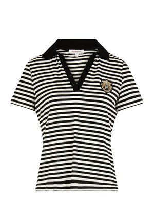 Black and white striped polo shirt with a V-neck and short sleeves. Features a black collar and a gold emblem on the left chest.