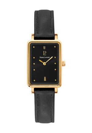 Montre rectangulaire avec un cadran noir, des accents dorés et un bracelet en cuir noir. Présente des index horaires minimalistes et un logo.