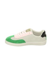 Schnürsneaker mit einem Obermaterial aus Mesh, grünen und rosa Wildlederakzenten sowie einer weißen Sohle. Schwarzes Fersendetail mit Logo. Klassische Silhouette.