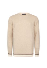 Beige knitted sweater featuring a textured pattern, round neckline, and ribbed cuffs with brown and white stripes at the hem.