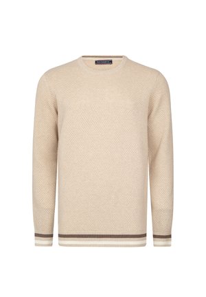 Beige knitted sweater featuring a textured pattern, round neckline, and ribbed cuffs with brown and white stripes at the hem.