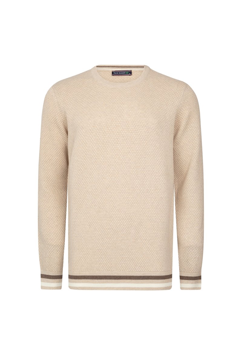 Beige knitted sweater featuring a textured pattern, round neckline, and ribbed cuffs with brown and white stripes at the hem.