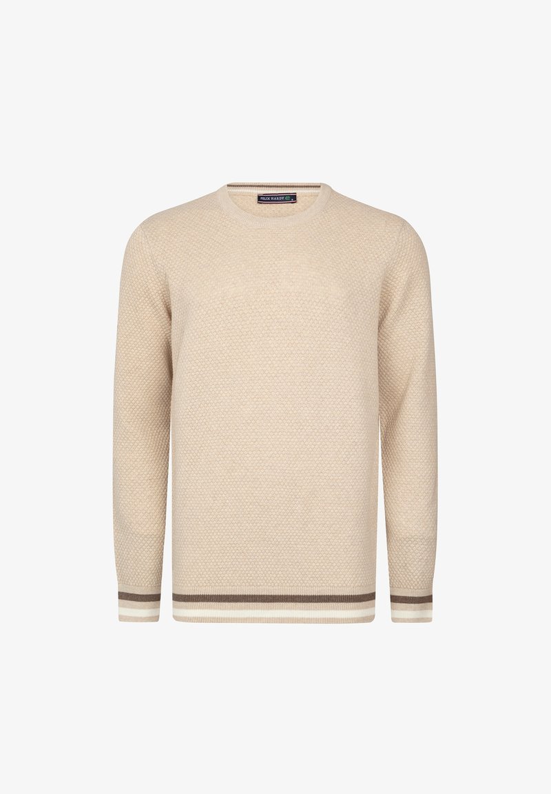 Beige knitted sweater featuring a textured pattern, round neckline, and ribbed cuffs with brown and white stripes at the hem.