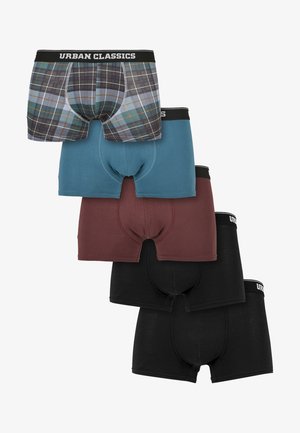 Patru perechi de boxeri pentru bărbați în culori variate: carouri, teal, burgund și negru. Realizați dintr-un material moale și elastic, cu talie elastică.