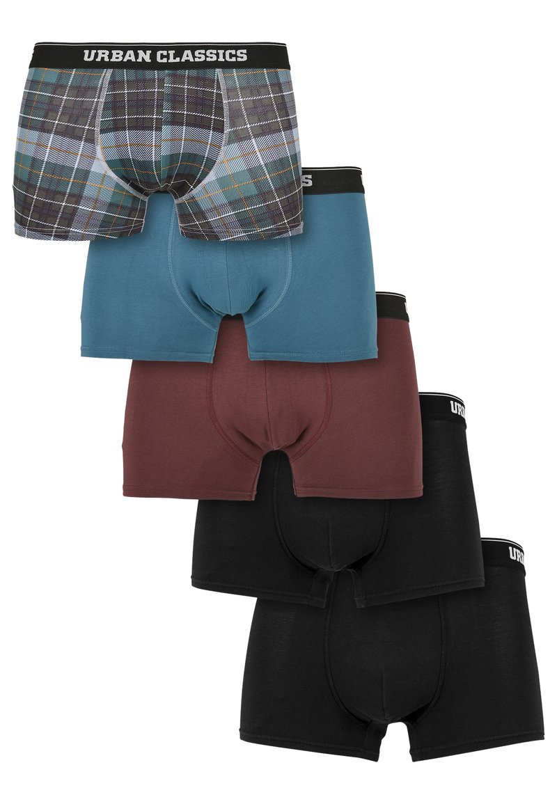 Fire par menns boxershorts i varierte farger: rutete, teal, burgunder og svart. Laget av myk, elastisk stoff med elastiske midjebånd.