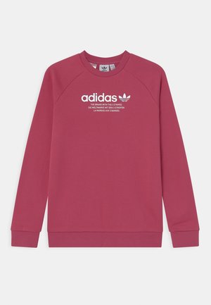 Vínová mikina s kulatým výstřihem, raglánovými rukávy, žebrovanými manžetami a bílým textem loga Adidas spolu s listovým logem.