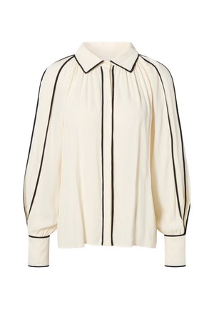 Crème blouse met zwarte verticale strepen, een klassieke kraag en pofmouwen. Voorzien van een knoopsluiting aan de voorkant en contrasterende manchetten. Gladde textuur.