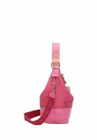 Borsa in tessuto rosa con forma affusolata, dettagli in tessuto morbido, tracolla regolabile e parti metalliche. Presenta una base testurizzata a contrasto.