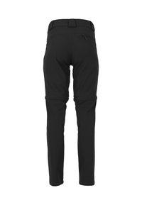 Pantalons noirs d'extérieur à coupe ajustée, fabriqués en matériau extensible. Dotés d'une poche zippée et d'une taille ajustable. Texture lisse.