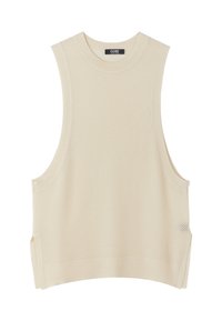 Ärmlös beige stickad väst med rund halsringning, sidospjälor och texturerat mönster, märkt GOBI.