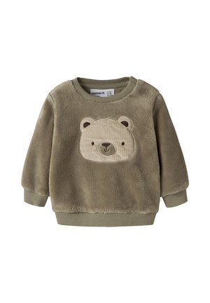 Sweat-shirt marron doux pour tout-petit avec poignets et ourlet côtelés, avec une application visage d'ours marron clair à l'avant.
