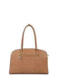 Sac à main en cuir fauve avec doubles poignées et une poche avant horizontale zippée avec tirette en métal doré.