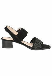 Sandal in suede nero con tacco basso a blocco, caratterizzata da due cinturini larghi, uno con texture intrecciata, e un cinturino posteriore regolabile.