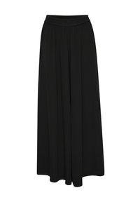 Jupe maxi noire en tissu léger. Dotée d'une taille élastique et d'un design plissé pour une silhouette fluide.