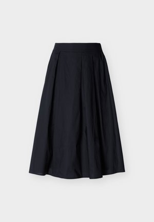 Gonna nera plissettata con vita aderente, realizzata in tessuto leggero, presenta una silhouette al ginocchio e una texture liscia.