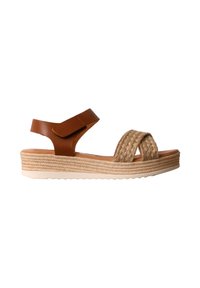 Sandale en cuir marron et tissu tissé avec bride de cheville ajustable et semelle plateforme texturée.
