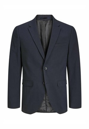 Marineblazer met een gestructureerd ontwerp, enkele knoopsluiting, notch revers en twee voorkeurszakken; textielstof met een gladde binnenvoering.