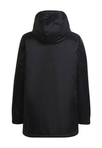 Schwarze Kapuzenjacke mit mattierter, glatter Oberfläche, elastischen Bündchen und lockerem Schnitt. Keine sichtbaren Logos oder Muster auf der Rückseite.