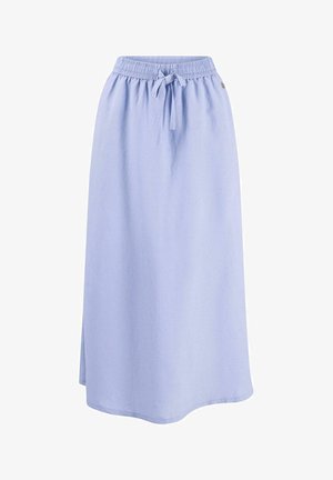 Light blue, knee-length skirt with an elastic waistband, adjustable tie drawstring, and a single side slit for ease of movement.