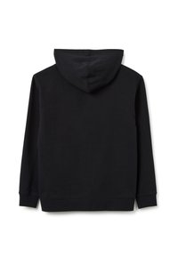 Zwarte hoodie met een gladde textuur. Heeft lange mouwen, een ronde zoom en een eenvoudig ontwerp zonder versieringen.