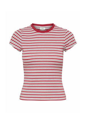 T-shirt ajusté à manches courtes avec des rayures horizontales rouges, blanches et noires et un col rond rouge.