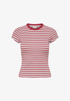 Kurzärmeliges, eng anliegendes T-Shirt mit roten, weißen und schwarzen horizontalen Streifen und rotem Rundhalsausschnitt.