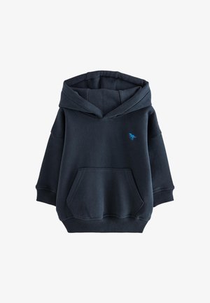 Sweat à capuche pour tout-petit de couleur bleu marine foncé avec poche avant et petit emblème de dinosaure bleu sur la poitrine, poignets et ourlet côtelés.