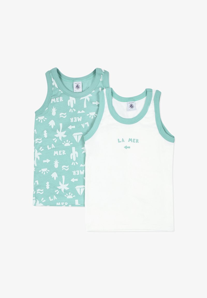 Deux débardeurs : l'un vert menthe avec des motifs graphiques blancs, l'autre blanc avec des bordures vert menthe et le texte "LA MER". Tissu en coton.
