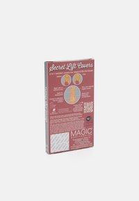 Noslēpumu pacēlāju vāciņu kaste ar rozā fonu. Ietver instrukcijas ar ilustrācijām. Aizmugurē ir iekļauta zīmola un materiālu informācija.