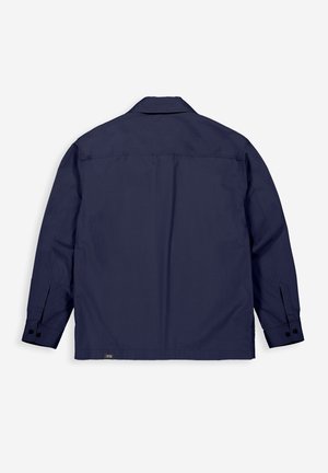 Donkerblauw, shirt met lange mouwen en een kraag. Voorzien van manchetknopen en een rechte zoom. Gladde stof zonder patronen.