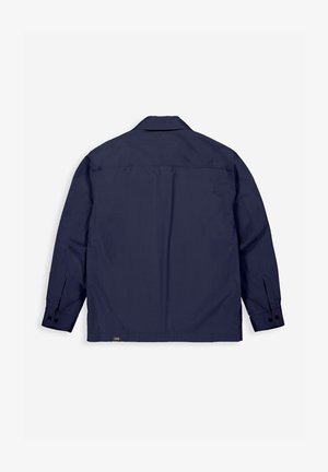 Donkerblauw, shirt met lange mouwen en een kraag. Voorzien van manchetknopen en een rechte zoom. Gladde stof zonder patronen.
