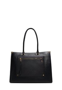 Black leather tote bag with two long handles, featuring a front zip pocket, gold hardware accents, and a smooth textured finish.