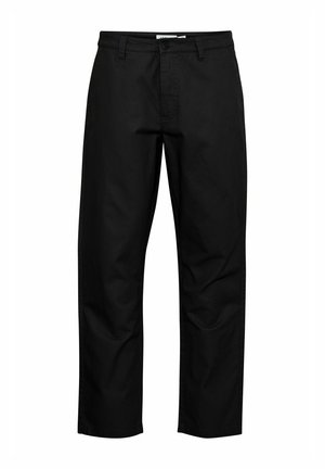 Pantalones negros de algodón con un diseño de pierna recta, que cuentan con un cierre frontal de botón y dos bolsillos laterales. Textura suave.