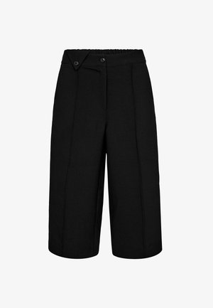 Melnas ceļa garuma šortas ar pogu jostas daļu un priekšējo šuvju detaļām, kas izgatavotas no gludas auduma.