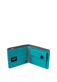 Teal fabric wallet with gray lining, featuring multiple card slots, a button closure, and a small brand tag on the front.