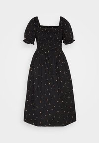 Robe midi noire brodée de fleurs, avec des manches bouffantes, un décolleté carré et un corsage smocké. Silhouette en A avec des détails floraux délicats.
